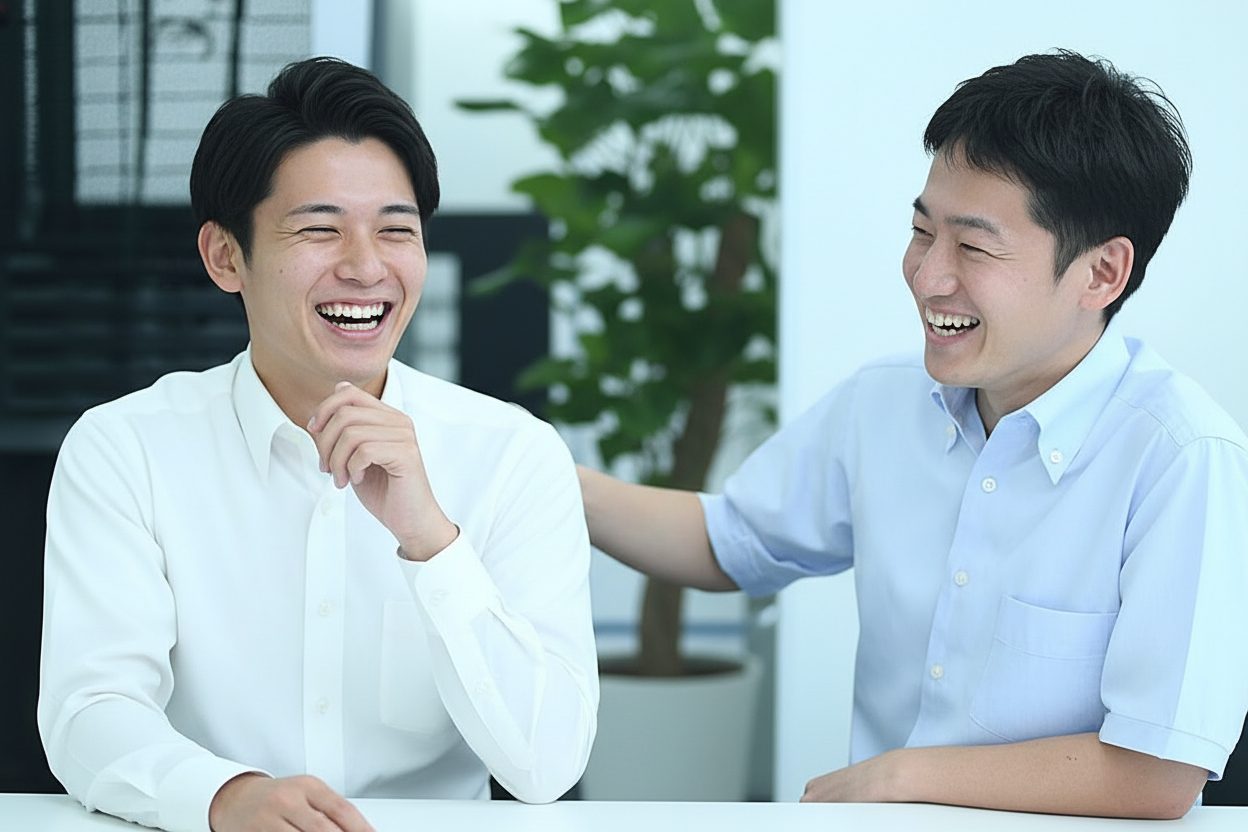 打ち合わせの合間に笑い合う社員